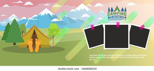 Camping concept flat horizontal banner. Tourism advertisement layout with photo frames. Vector illustration