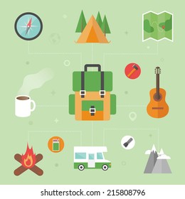 Camping concept, flat icons, vector illustration 
