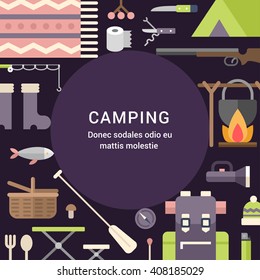 Camping Concept. Flat Style Vector Illustration with Place for Text. Tourist Stuff. Hiking, Hunting, Fishing