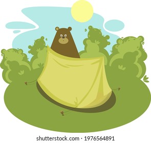 Camping concept in the forest, Design of vector colored holiday icons, Nature lover symbol, Stock illustration, Logo icon, tent in the forest, bonfire, drawn in vector, ready-made illustration.Picnic 