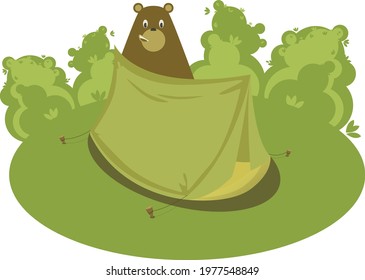 Camping concept in the forest, Design of vector colored holiday icons, Nature lover symbol, Stock illustration, Logo icon, tent in the forest, bonfire, drawn in vector, ready-made illustration.Picnic 