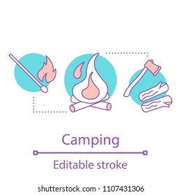 Camping concept icon. Campfire. Outdoor recreation idea thin line illustration. Campfire guitar songs. Vector isolated outline drawing. Editable stroke