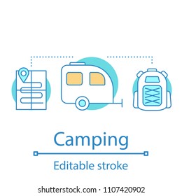 Camping concept icon. Outdoor recreation idea thin line illustration. Camping trailer, backpack, map. Vector isolated outline drawing. Editable stroke