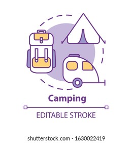 Camping concept icon. Outdoor recreation, backpacking, hiking idea thin line illustration. Budget tourism, affordable vacation. Vector isolated outline RGB color drawing. Editable stroke