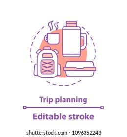 Camping concept icon. Trip planning. Picnic. Outdoor recreation idea thin line illustration. Thermos, backpack, lunch box. Vector isolated outline drawing. Editable stroke