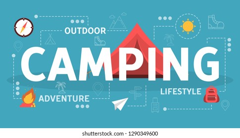 Camping concept. Idea of outdoor activity. Camp fire and nature. Tourism, hiking and trekking. Freedom on nature. Isolated vector flat illustration
