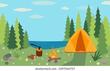 Camping concept. Illustration of landscape, forest, tent, and a campfire. Camping in nature. Summer camp. Design for banner, poster, website, emblem, logo.