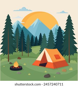 Camping concept. Illustration of landscape, mountains, forest, tent, and a campfire. Camping in nature. Summer camp in the mountains. Design for banner, poster, website, emblem, logo. 