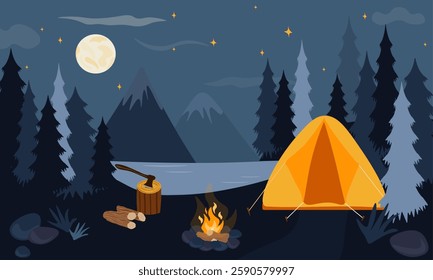 Camping concept. Illustration of landscape, mountains, forest, tent, and a campfire. Camping in nature. Summer camp in the mountains. Design for banner, poster, website, emblem, logo.