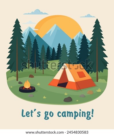 Camping concept. Illustration of landscape, mountains, forest, tent,  campfire. Camping in nature. Summer camp in the mountains. Let's go camping iscription. Design for banner, poster, website.