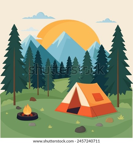 Camping concept. Illustration of landscape, mountains, forest, tent, and a campfire. Camping in nature. Summer camp in the mountains. Design for banner, poster, website, emblem, logo. 