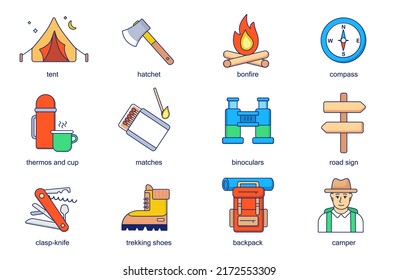 Juego de iconos de línea de concepto de acampar. Empaquetar los pictogramas de tienda, hacha, hoguera, brújula, termo y taza, binoculares, señalización vial, zapatos de trekking. Elementos planos vectores para aplicaciones móviles y diseño web