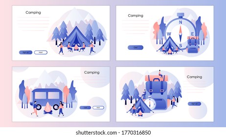 Camping concept. Nature tourism. Summer camp. Screen template for mobile smart phone, landing page, template, ui, web, mobile app, poster, banner, flyer. Modern flat cartoon style. Vector illustration