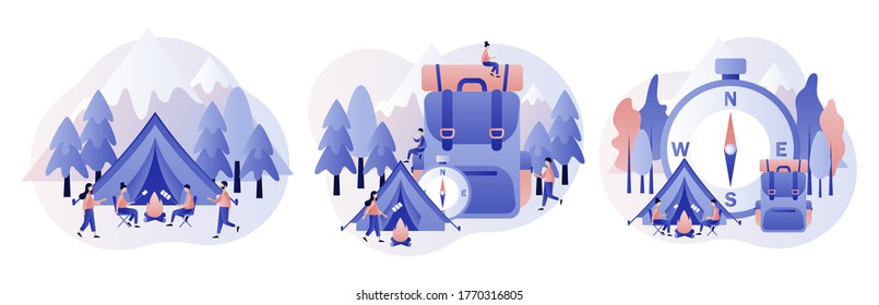 Camping concept. Nature tourism. Tiny people in summer camp with tent, campfire, mountains and forest. Modern flat cartoon style. Vector illustration on white background