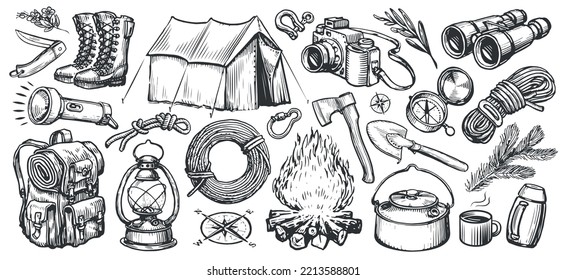 Camping concept set  Outdoor activities  hiking collection objects drawn in sketch style  Vintage vector illustration