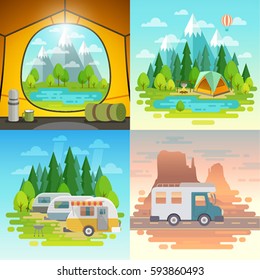 Camping concept, tent, caravan, house on weels.