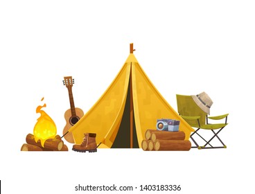 Camping Concept With Tent Guitar Bonfire Chair And Camera Vector