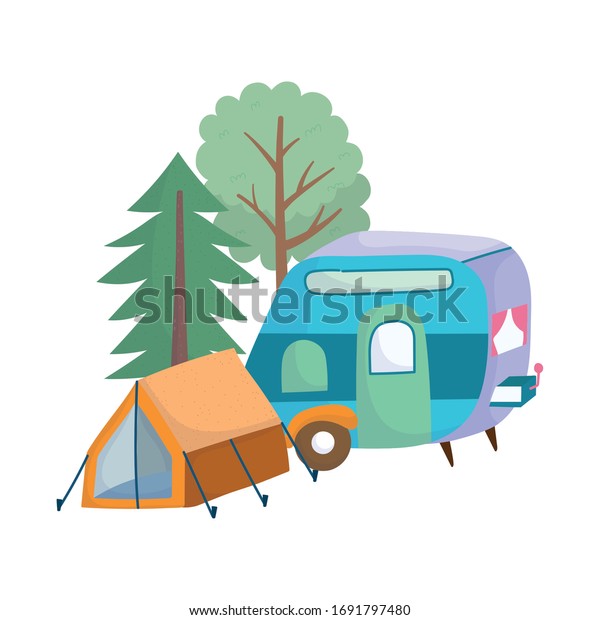 camping concept with tent trailer, forest\
trees greenery. cartoon vector\
illustration