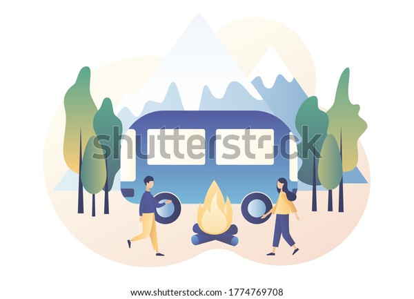 Camping\
concept. Tiny people in summer camp with camping car, tent,\
campfire, mountains and forest. Nature tourism. Modern flat cartoon\
style. Vector illustration on white\
background