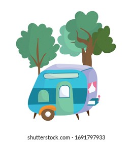 camping concept with trailer, bush, trees cartoon isolated icon design vector illustration
