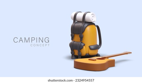 Camping concept, vector template. Realistic backpack with twisted mat, guitar. Walking tour along tourist trails. Pleasant leisure, active recreation. Vacation for friends, family, couple
