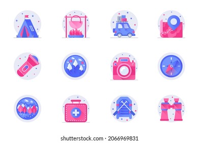 Iconos de color plano web de concepto de camping con conjunto de sombras. Empaquetar pictogramas de carpa, fogata, auto, mapa, ruta, linterna, montañas y otros. Ilustración vectorial de símbolos para el diseño de aplicaciones móviles de sitios web