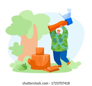 Camping Concept. Young Man Character Spend Time at Summer Camp in Forest Chopping Woods for Campfire. Hiking, Summertime Activity, Sparetime, Active Leisure on Nature. Cartoon Vector Illustration