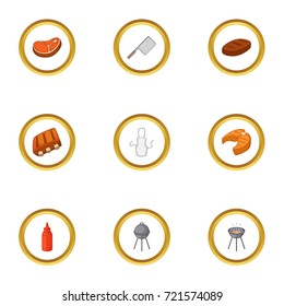 Camping cooking icons set. Cartoon style set of 9 camping cooking vector icons for web design