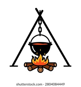 Camping cooking pot hanging over a campfire with a cast iron cooking pot