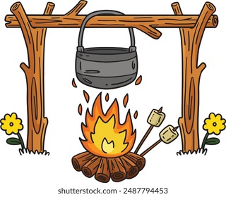 Camping Cooking Pot Over Bonfire Cartoon Clipart 