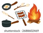 Camping cooking set with bonfire, frying pan, sausages, marshmallows, and pot. Cozy outdoor campfire cooking essentials — frying egg in a pan, grilling sausages on a grate, roasting marshmallows.