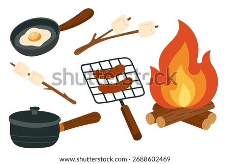 Camping cooking set with bonfire, frying pan, sausages, marshmallows, and pot. Cozy outdoor campfire cooking essentials — frying egg in a pan, grilling sausages on a grate, roasting marshmallows.