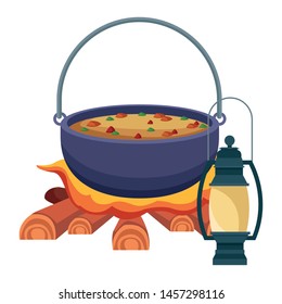 Camping cooking soup on bonfire with lantern ,vector illustration .graphic design.