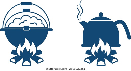 Camping cooking vector icons with kettle and cauldron over campfire