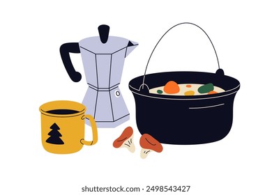 Camping cookware kit, coffe moka pot, mug, hiking supplies for cooking outdoor. Picnic soup, tea cup, cookout food, eating, touristic kitchenware. Flat vector illustration isolated on white background