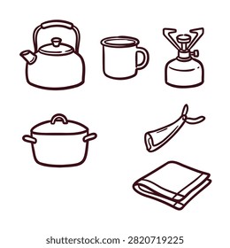 Camping cookware and outdoor kitchen gear icon set line art vector illustration featuring kettle, metal mug, portable gas burner stove, cooking pot, fish hook lure, and folded cloth towel.