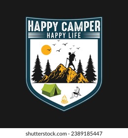 Camping creative t-shirt design vector, Adventure t-shirt design, Outdoor t shirt design,print, Camping logo design vector illustration,Happy camper happy life