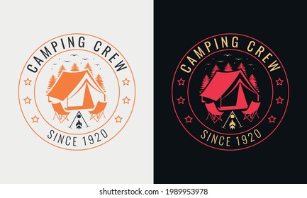 camping crew with trees and fire, chair camping logo emblem with color variant for t-shirt design and many others, vector illustration