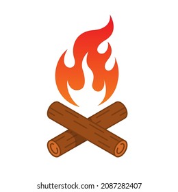Camping Crossed wood logs Bonfire cartoon style vector logo badge illustration design 