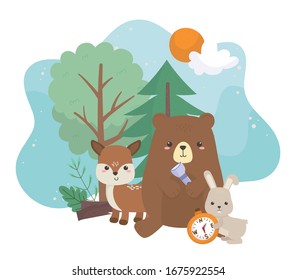 camping cute bear deer rabbit compass lantern trees sun cartoon vector illustration