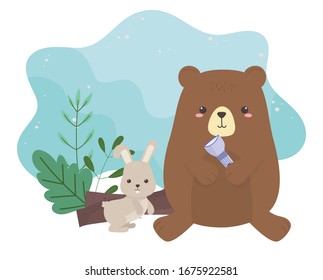 acampada de oso y conejo adorable con farolillo caricatura ilustrativa vectorial