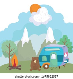 Camping cubär Bär Wohnanhänger Bonfire Bäume Berge Cartoon Vektorillustration