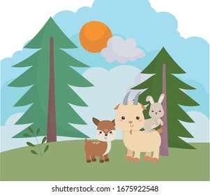 camping cute deer goat and rabbit pine trees meadow sun cartoon vector illustration