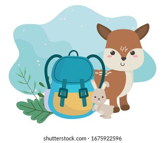 Camping cute Reh Kaninchen und Rucksack-Blattkartoon Vektorillustration
