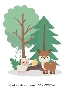 camping cute deer sheep and chicken trunk forest trees cartoon vector illustration