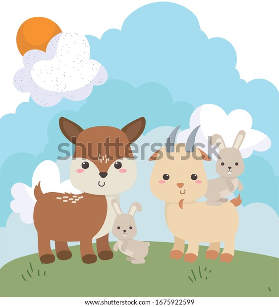 camping cute little bunnies goat and deer\
grass cartoon vector\
illustration