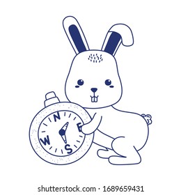 camping cute rabbit with compass.  Isolated design vector illustration, line style icon