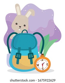 camping cute rabbit rucksack and compass leaves nature cartoon vector illustration