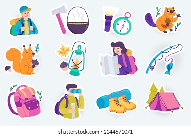 Camping cute stickers set in flat cartoon design. Bundle of man and woman with map, backpack, tent, axe, bowler, flashlight, compass and others. Vector illustration for planner or organizer template