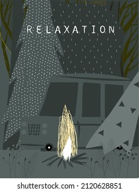 Camping. Cute vector illustration with a campfire near the tent at night, with a car and trees in pastel colors. picture for print, postcard, banner, poster.